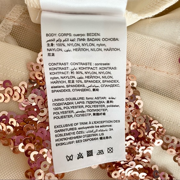 BEBE Sequin Scroll Mesh Rose Gold Bodycon Structured Dress Size M - Picture 15 of 16